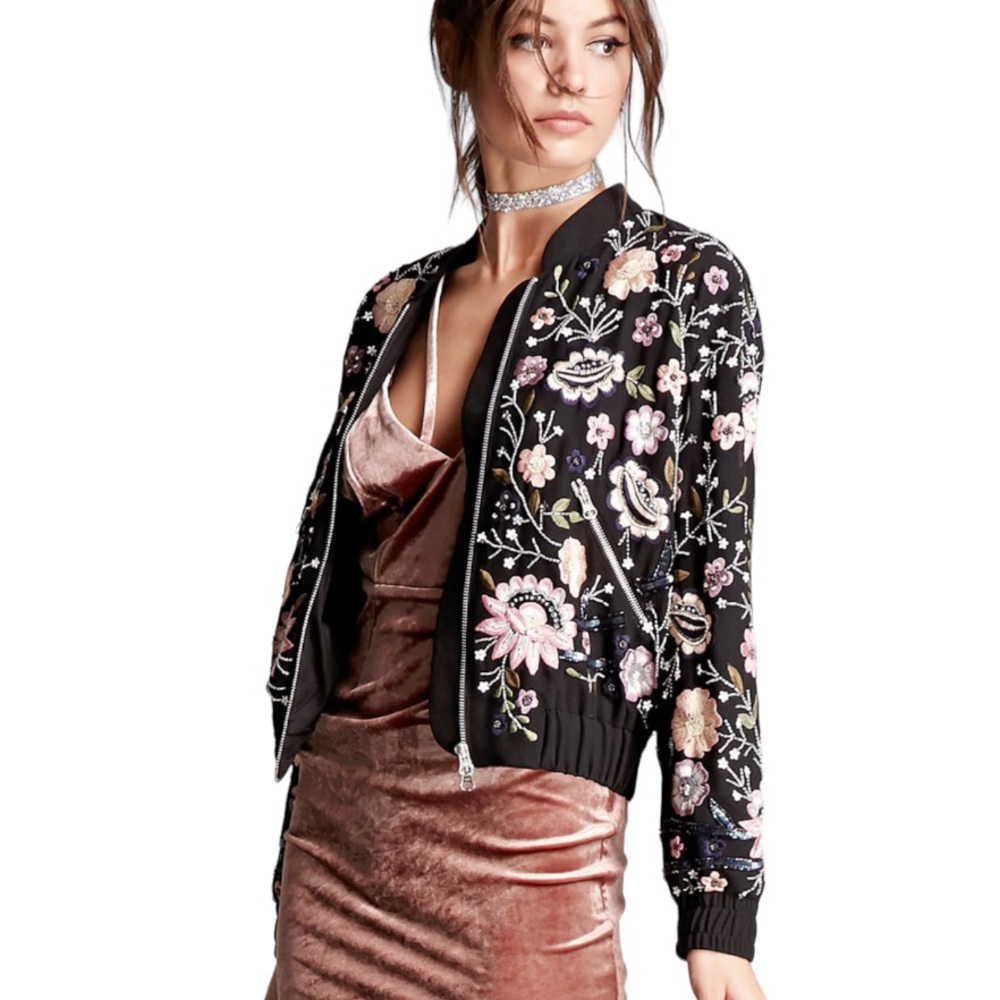 EUC RD & Koko Floral Beaded Sequin Bomber Jacket Anthropologie Black Sz SMALL